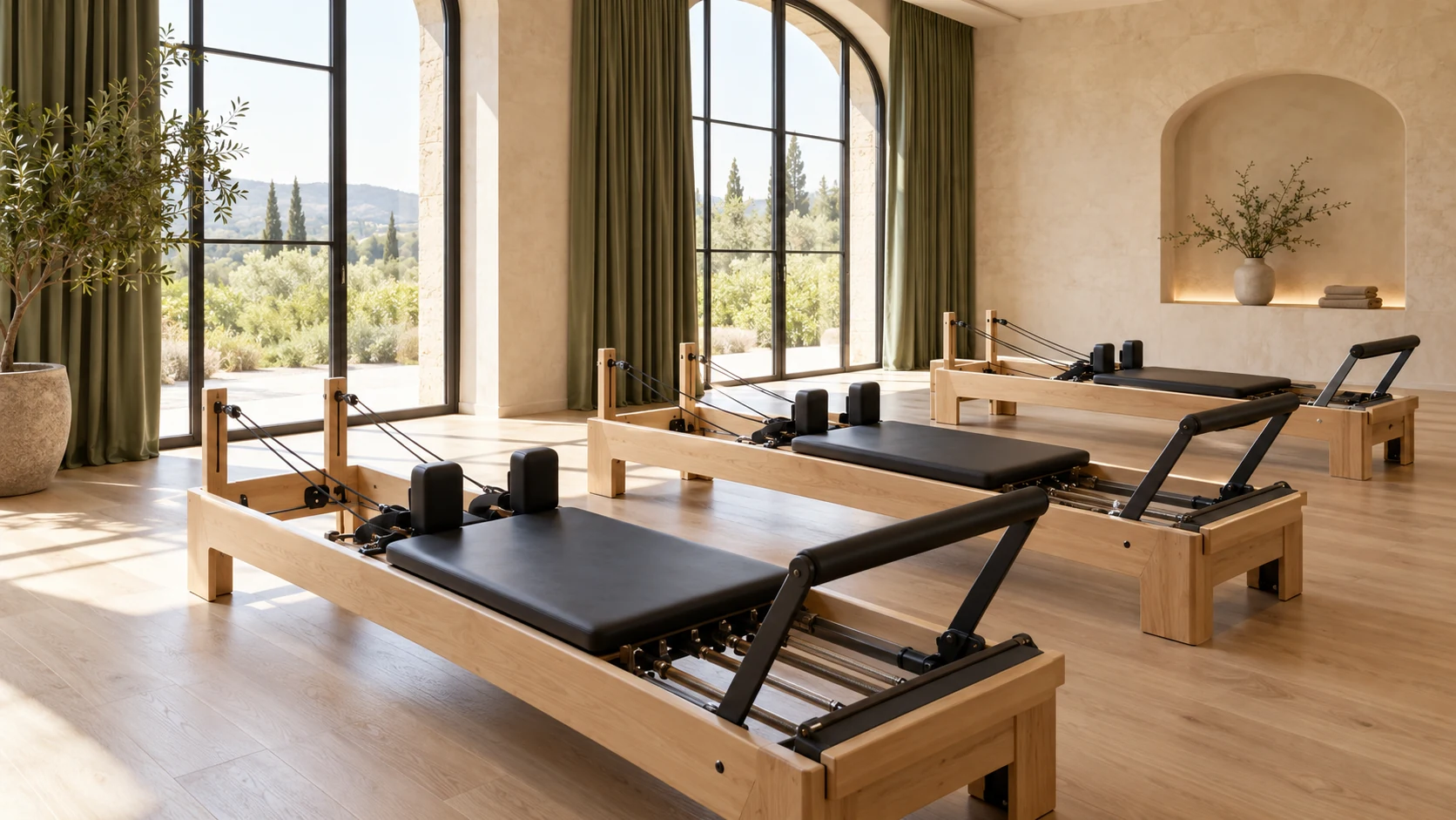 Pilates studiyasının interyeri Böyük pəncərələri və reformerləri olan studiya interyeri